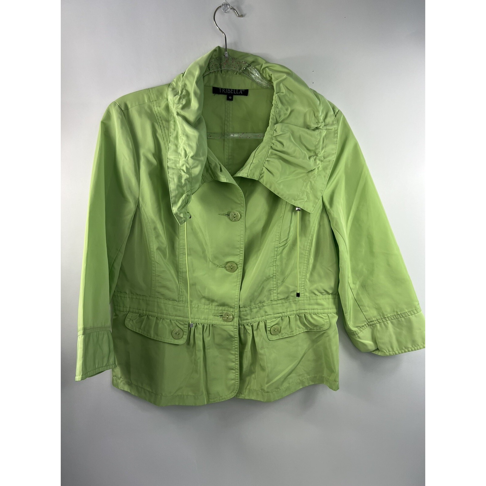 Tribella Jacket Women's Sz 10 Lime Green Drawstring Ruffle Collar 4 Button